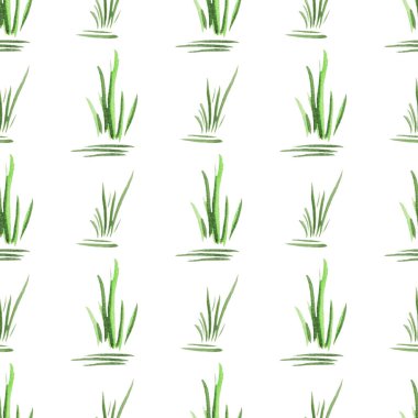 Beyaz arka planda yeşil elle çizilmiş suluboya çimlerle kusursuz bir desen. Tekstil için, baskı. Doğal Organik Konsept
