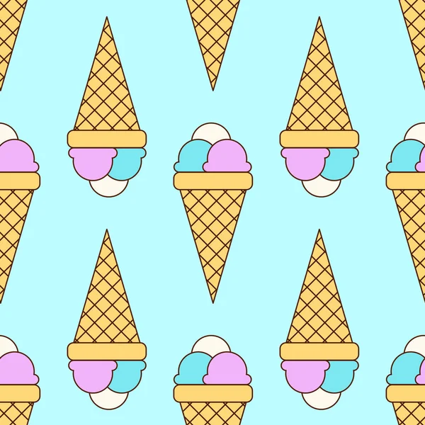 Zökkenőmentes Minta Többszínű Fagylaltgolyókkal Egy Kék Hátterű Tölcsérben Koncepció Szórakozás — Stock Vector