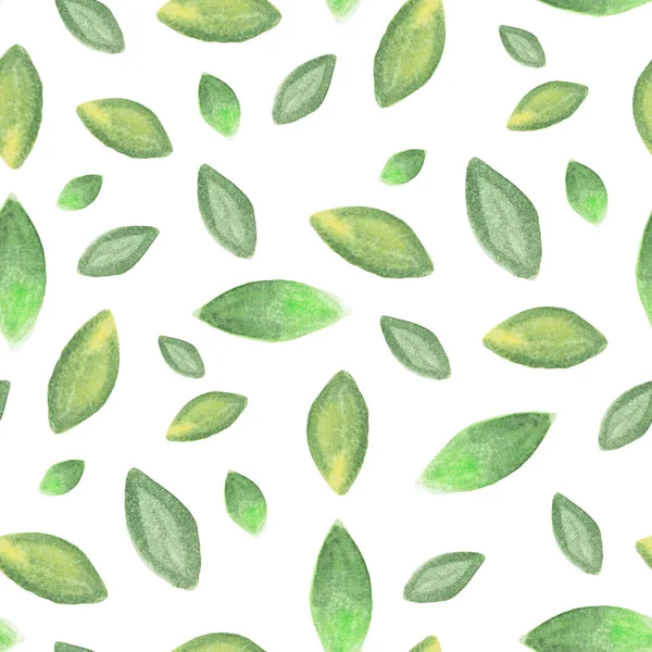 无缝图案 白色上有手工绘制的水彩绿叶子 摘要背景说明 纺织品 印刷品等的有机 新鲜概念 — 图库照片