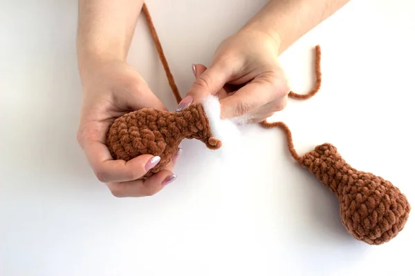 Children Toy Plush Yarn Creation Process Filling Paw Bear Toy — Stock Photo, Image