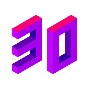 Mor numara 30, izometrik tarzda. Beyaz arka planda izole edilmiş. Öğrenme numaraları, seri numarası, fiyat, yer. Vektör illüstrasyonu