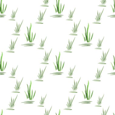 Beyaz arka planda yeşil elle çizilmiş suluboya çimlerle kusursuz bir desen. Tekstil için, baskı. Doğal Organik Konsept. Basit iki renkli resim
