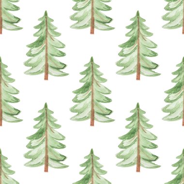 Beyaz arka planda elle çizilmiş suluboya yeşil Noel ağacıyla kusursuz bir desen. Tekstil, kartpostal vs. için yazdır.