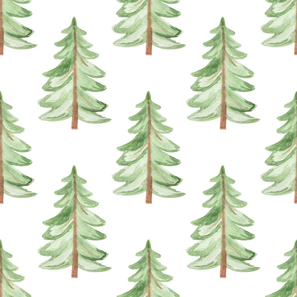 Απρόσκοπτη μοτίβο με ζωγραφισμένα στο χέρι ακουαρέλα πράσινο χριστουγεννιάτικο δέντρο σε λευκό φόντο. Εκτύπωση για υφάσματα, κάρτες κ.λπ.. — Φωτογραφία Αρχείου