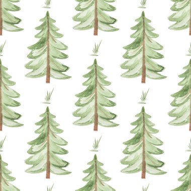 Elle çizilmiş suluboya, yeşil Noel ağacı ve beyaz arka planda çimenler. Tekstil, kartpostal vs. için yazdır.