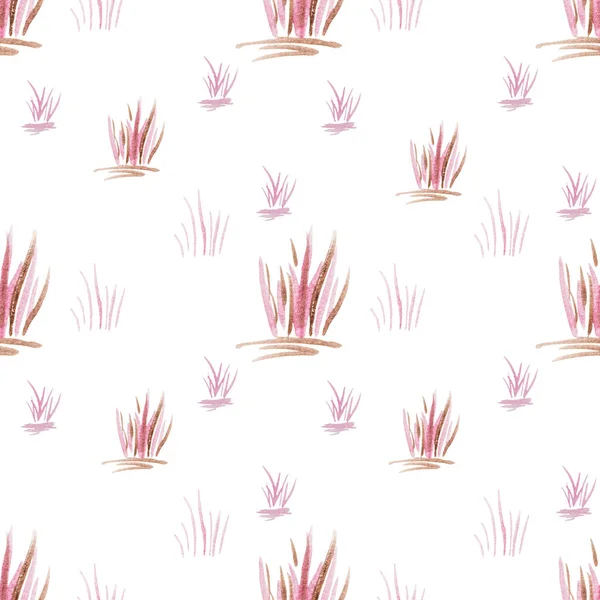 Απρόσκοπτη μοτίβο με ροζ ζωγραφισμένα στο χέρι ακουαρέλα γρασίδι σε λευκό φόντο. Για υφάσματα, τυπώστε. Φυσική Οργανική Έννοια. Απλή δίχρωμη εικόνα — Φωτογραφία Αρχείου