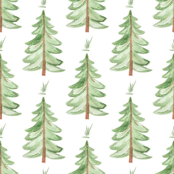 白地に手描きの水彩緑のクリスマスツリーと草でシームレスなパターン。織物、ポストカード等の印刷. — ストック写真