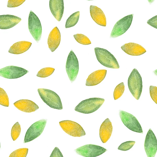 Απρόσκοπτη μοτίβο με ζωγραφισμένα στο χέρι ακουαρέλα πράσινο και κίτρινα φύλλα σε λευκό. Αφηρημένο φόντο. Οργανικό, φυσικό, έννοια φρεσκάδας για κλωστοϋφαντουργικά, έντυπα, κλπ.. — Φωτογραφία Αρχείου