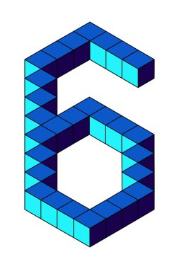 Beyaz arka planda izole edilmiş küplerden mavi numara 6. Piksel, 8 bit, izometrik stil. Vektör illüstrasyonu