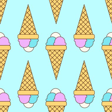Mavi arka planda külahta çok renkli dondurma topları olan kusursuz bir desen. Eğlence konsepti, kafe, şekerci, vs. Görüntü