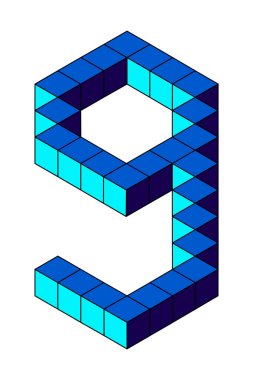 Beyaz arka planda izole edilmiş küplerden mavi numara 9. Piksel, 8 bit, izometrik stil. Vektör illüstrasyonu