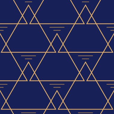 Üçgen şeklinde altın geometrik çizgileri olan kusursuz desen ve koyu mavi arka planda çizgiler. Moda renkleri çizimi