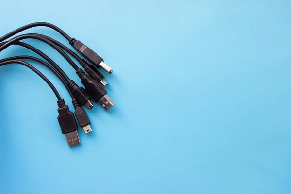 Close Usb Mini Usb Cables Blue Background Place Your Design — Stock Photo, Image