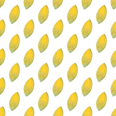 Beyaz üzerine elle çizilmiş sarı yapraklar çizilmiş kusursuz bir desen. Soyut arkaplan. Tekstil, baskı vs. için organik, doğal, tazelik kavramı.