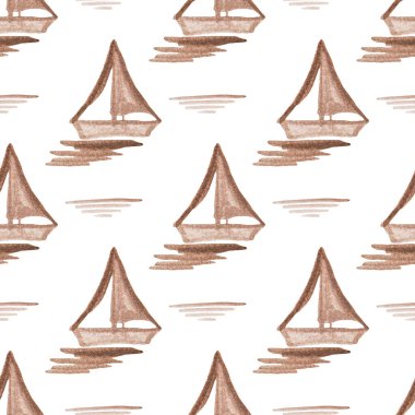 Suluboya ile elle boyanmış kusursuz desenler. Yelkenli ve dalgalı kahverengi kayıklar, denizde yüzüyor..