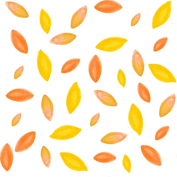 Patrón sin costuras con acuarela dibujada a mano hojas anaranjadas y amarillas sobre blanco. Fondo abstracto. Concepto orgánico, natural, de frescura para textiles, estampados, etc.. — Foto de Stock