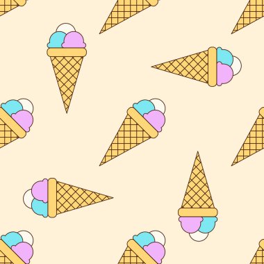 Bej arka planda külahta çok renkli dondurma topları olan kusursuz bir desen. Eğlence konsepti, kafe, şekerci, vs. Görüntü