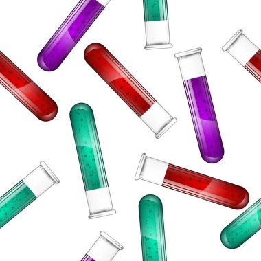 Beyaz zemin üzerinde çok renkli sıvı bulunan test tüplerinin kusursuz medikal deseni
