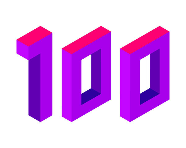 Purple number 100 in isometric style. Isolated on white background. Learning numbers, serial number, price, place. Vector illustration