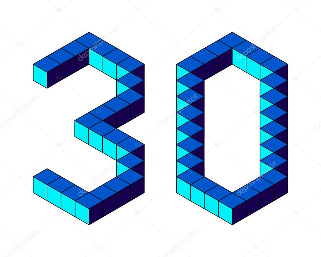 Blue number 30 from cubes isolated on white background. Pixel, 8 bit, isometric style. Vector illustration