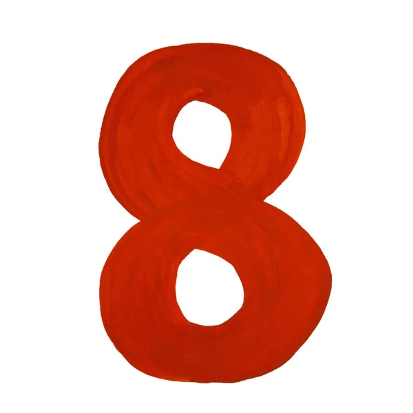 赤の数字8はグワッシュを描いた 白い背景に隔離された — ストック写真