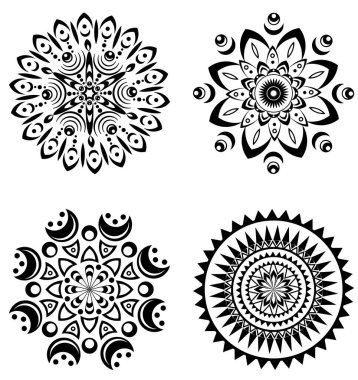 Beyaz arka planda siyah mandalalar. Yuvarlak desenli, çiçekli süs. Güzel simetrik element. Stres önleyici, gevşetici