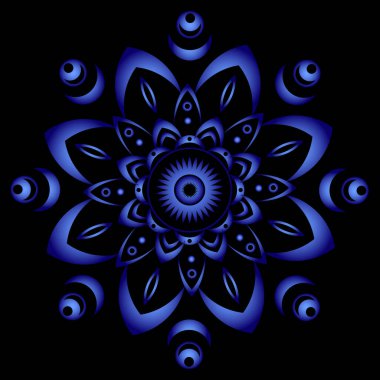 Siyah arka planda mavi mandala. Yuvarlak desenli, çiçekli süs. Güzel simetrik element. Stres önleyici, gevşetici