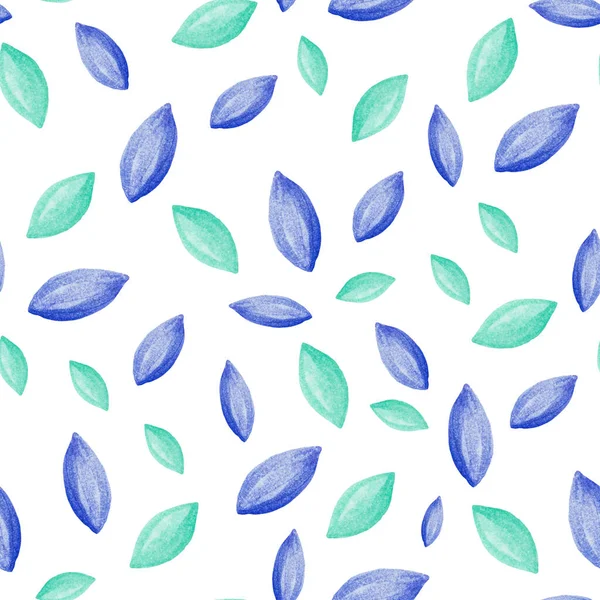 Płynny wzór z ręcznie rysowanych niebieskich liści akwareli na białym. Abstrakcyjne tło. Do wyrobów włókienniczych, druku itp.. — Zdjęcie stockowe
