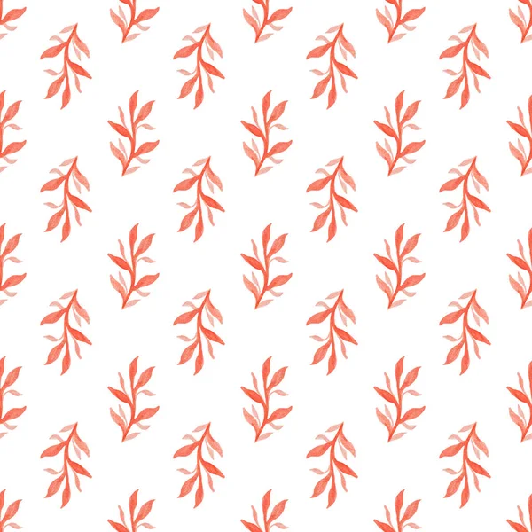 Απρόσκοπτη μοτίβο με ζωγραφισμένα στο χέρι κόκκινα κλαδιά ακουαρέλας με φύλλα στο λευκό. Φθινοπωρινή. Οργανικό, φυσικό, έννοια φρεσκάδας για κλωστοϋφαντουργικά, έντυπα, κλπ.. — Φωτογραφία Αρχείου