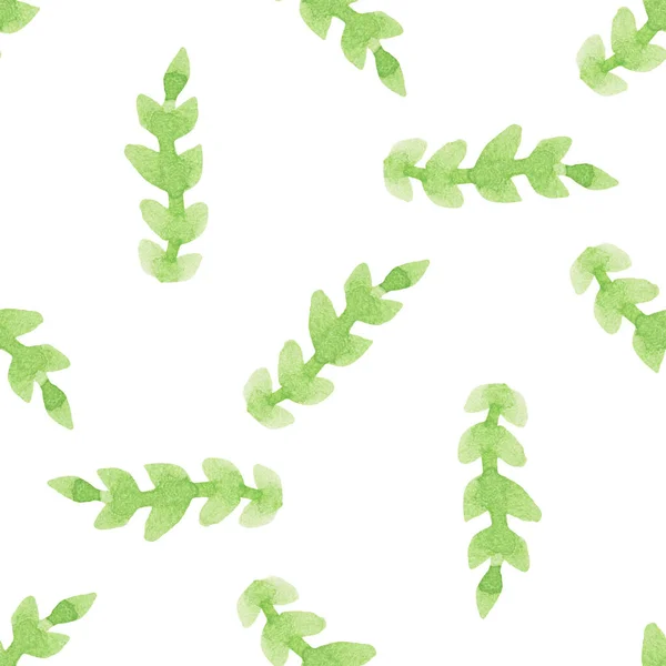 Patrón sin costuras con ramas verdes acuarela dibujadas a mano con hojas en blanco. Verano, temporada de primavera. Concepto orgánico, natural, de frescura para textiles, estampados, etc.. — Foto de Stock