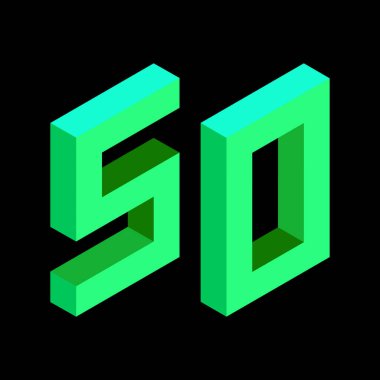 Açık yeşil numara 50, izometrik tarzda. Siyah arka planda izole edilmiş. Öğrenme numaraları, seri numarası, fiyat, yer. Görüntü