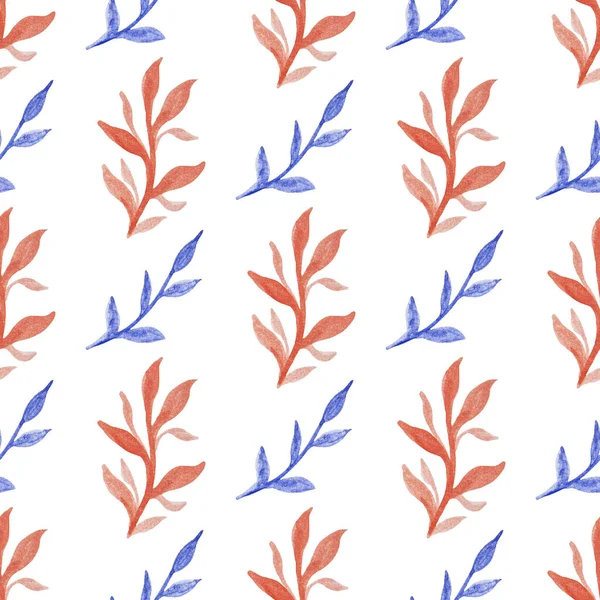 Bezproblémový vzor s ručně kreslenými akvarely červené a modré větve s listy na bílém. Podzimní sezóna. Organické, přírodní, svěžest koncept pro textil, tisk, atd.. — Stock fotografie