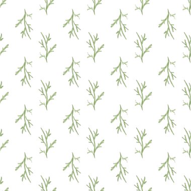 Kusursuz desenli, elle çizilmiş suluboya, beyaz yapraksız yeşil dallar. Tekstil, baskı vs. için organik, doğal, tazelik kavramı.