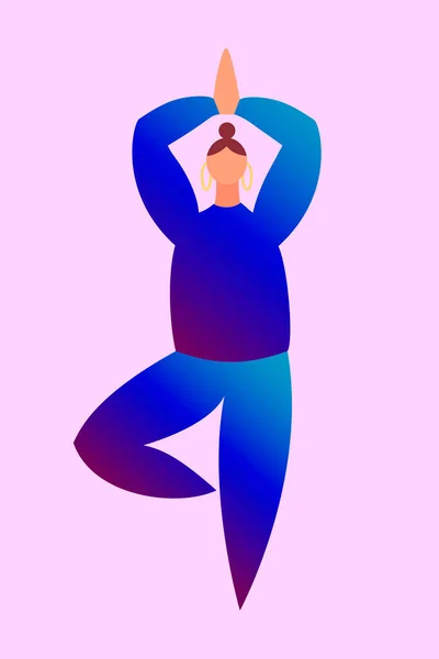 一个身穿蓝色衣服的女人站在树上摆姿势 卡通人物会做瑜伽 平衡的概念 健康的生活方式 矢量说明 — 图库矢量图片