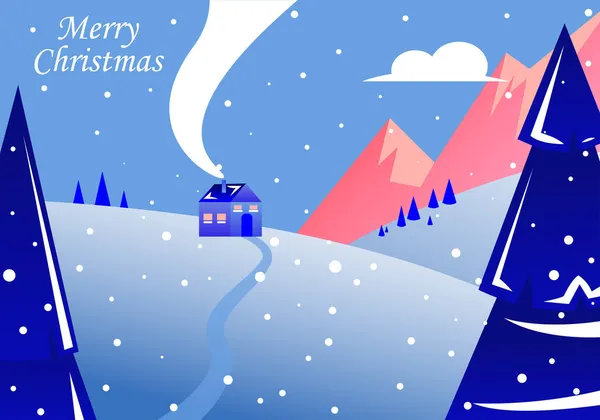 Winterlandschaft Mit Weihnachtsbäumen Haus Und Bergen Schneegestöber Weihnachtsgrußkarte Poster — Stockvektor