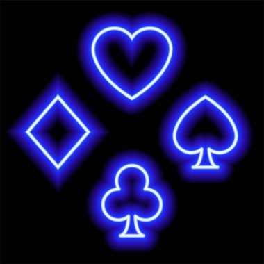 Kart takımlarının mavi neon sembolleri. Kupa, elmas, sinek, maça. Takım elbise simgeleri