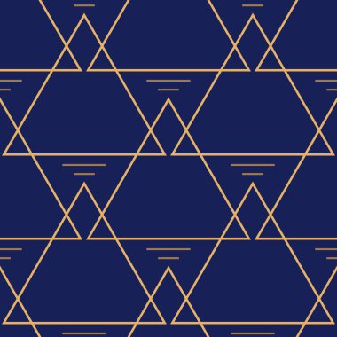 Üçgen şeklinde altın geometrik çizgileri olan kusursuz desen ve koyu mavi arka planda çizgiler. Moda renkleri çizimi