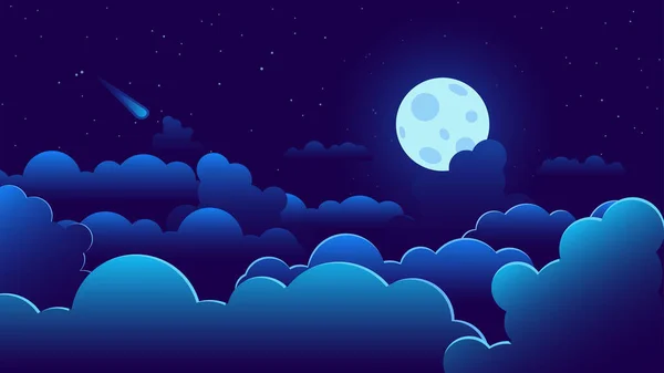Flat illustration with a blue moon, clouds and a comet. The moon is surrounded by a mysterious glow, which is reflected on the clouds. The whole sky is strewn with stars.