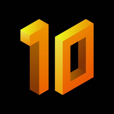 Gradyan altın numara 10, izometrik tarzda. Sarı figür siyah arkaplanda izole edilmiş. Öğrenme numaraları, seri numarası, fiyat, yer. Görüntü