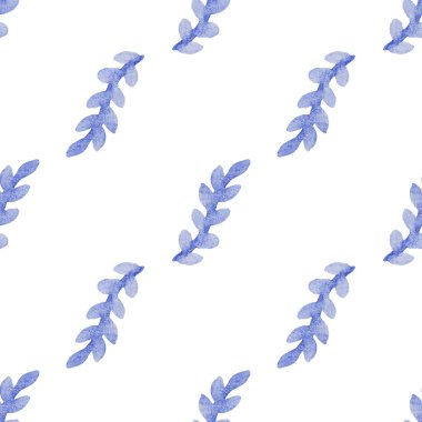 Kusursuz desenli, elle çizilmiş suluboya mavi dallı ve beyaz yapraklı. Yaz, bahar mevsimi.