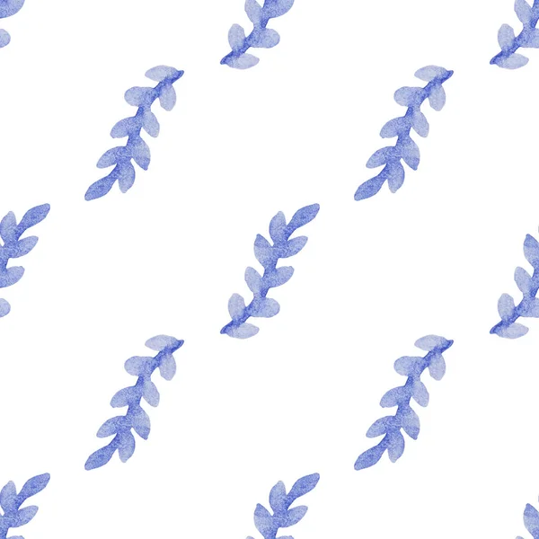 Płynny Wzór Ręcznie Rysowane Akwarelowe Niebieskie Gałęzie Liści Białym Lato — Zdjęcie stockowe