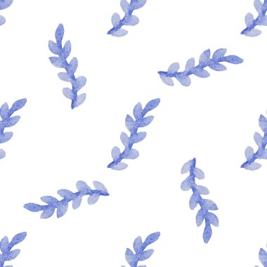 Kusursuz desenli, elle çizilmiş suluboya mavi dallı ve beyaz yapraklı. Yaz, bahar mevsimi.