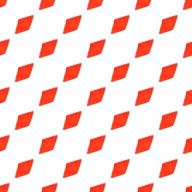 Geometrik dikişsiz desen, beyaz arka planda küçük kırmızı el boyalı eşkenar dörtgenler. Tekstil, baskı vs. için resim.