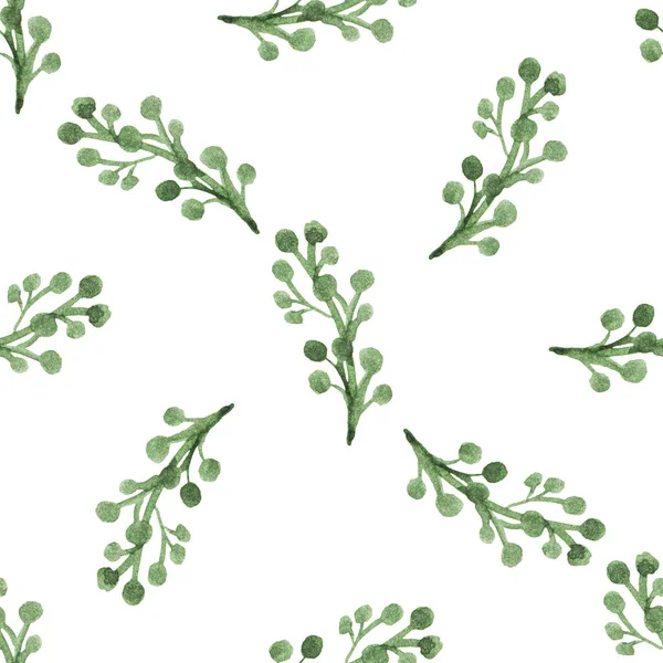 Bezešvé Vzor Ručně Kreslené Akvarel Zelené Větve Bobulemi Bílém Organické — Stock fotografie