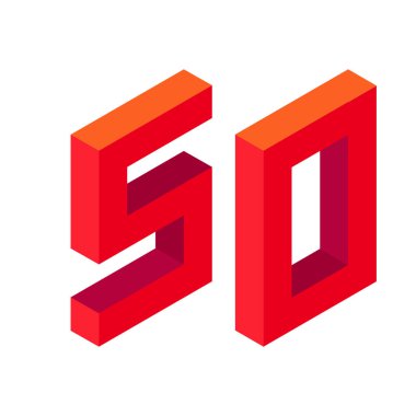 Kırmızı numara 50, izometrik tarzda. Beyaz arka planda izole edilmiş. Öğrenme numaraları, seri numarası, fiyat, yer. Görüntü