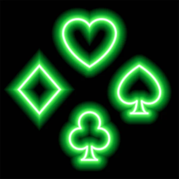 Gröna Neonsymboler För Kortdräkter Hjärtan Diamanter Klöver Spader Kostymikoner — Stockfoto