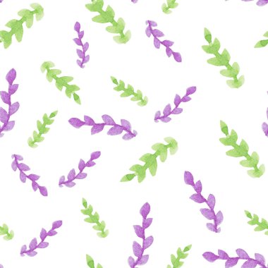 Elle çizilmiş suluboya ile kusursuz desen ve beyaz yapraklı mor dallar. Yaz, bahar mevsimi.