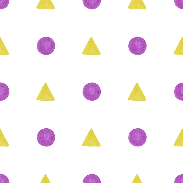 几何无缝图案与小紫色手绘圆圈和白色背景上的黄色三角形 纺织品 印刷品等的说明 — 图库照片