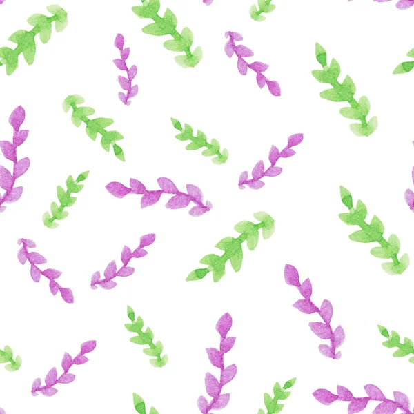 Patrón Sin Costuras Con Ramas Color Verde Púrpura Acuarela Dibujada — Foto de Stock