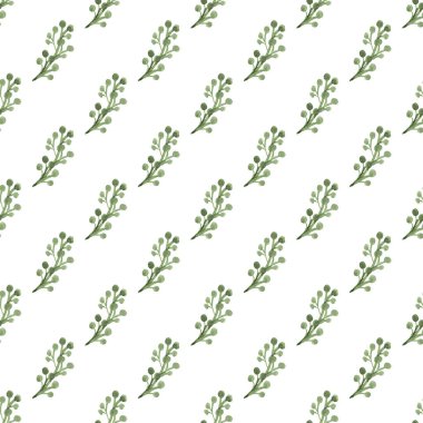 Kusursuz desenli, elle çizilmiş suluboya yeşil dallı, beyaz çilekli. Organik, doğal, tekstil, baskı vs. için tazelik konsepti. Görüntü